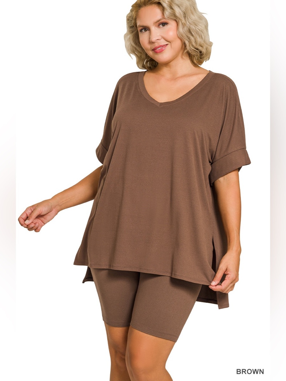 Zenana  BRUSHED DTY MICROFIBER V-NECK TOP & BIKER SHORT SET
